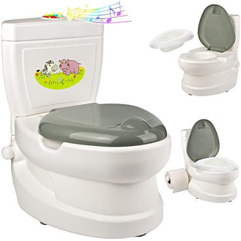 alles-meine.de GmbH Kindertoilette/Töpfchen Spülgeräusch + Licht Zebra & Nilpferd mit Wasserspülung Sound - Nachttopf/Babytopf - mit Deckel - weiß - Musik - Toilettentr..
