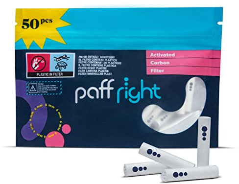 Paffright Aktivkohlefilter Slim aus Kokosnuss mit Keramik Kappen für Papier Rollen, Aktivkohlefilter 6 mm, Paff Right Aktivkohle Veganer Filter aus Kokosnuss, 50 Filter Packung
