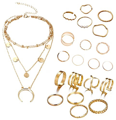 IUDWCG - 21 Pcs Vintage Gold mittlere Länge Ring Finger Ring-Set und mehrschichtige Halskette mit böhmischen Stil für weibliche Mädchen Mode-Accessoires Urlaub Geschenk