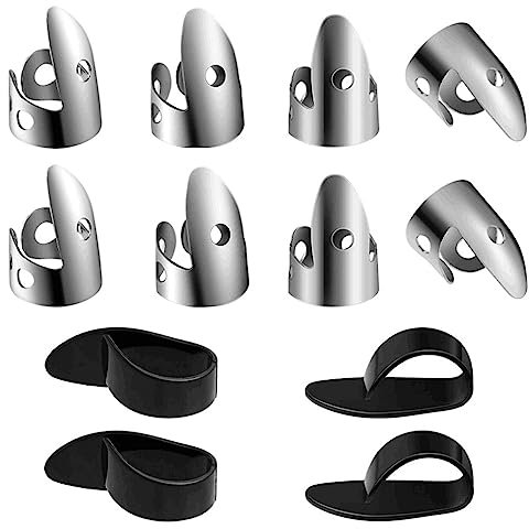 Carkio 12 Pcs Steel Finger Thumb Picks Set, Adjustable Metal Banjo Guitar Picks Ring Thumb Finger Picks Includes 8pcs Silver Stainless Steel Finger Picks and 4pcs Plastic Thumb Pick