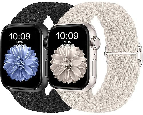 HalfYue Geflochtenes Armband Kompatibel mit Apple Watch Armband 38mm 40mm 41mm für Männer und Frauen, Verstellbares Elastisches Nylon Armband für iWatch Series 9/8/7/6/5/4/3/2/1/Ultra2/SE, 2 Stück.