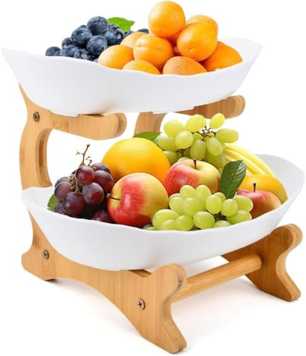 MEESOGA Obst Etagere Keramik Obstschale mit 2 Etagen Keramik Obstteller 2 Ebenen Obst Etagere Obstschale Etagere mit Bambus Stand für Küche Obst Gemüse Snacks Süßigkeiten Aufbewahrung