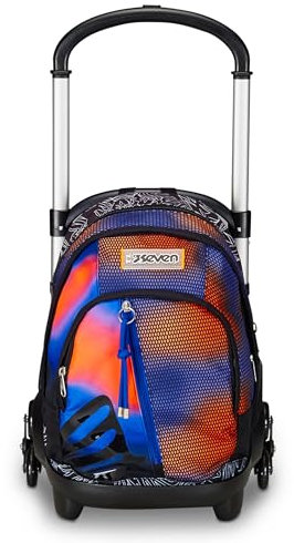 Seven Flex Schulranzen mit Trolley-Funktion, Rucksack mit Rollen, zum Ziehen, für Schule Sport Freizeit, ab 1. Klasse, 3 in 1, mit Trinkflaschenfach, für Kinder, orange-blau