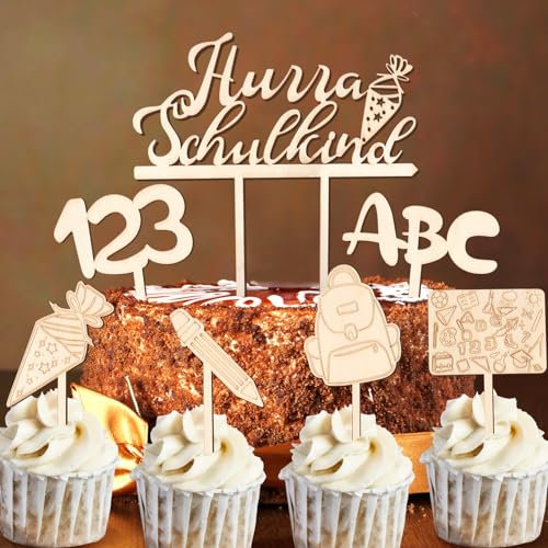 Lemicin Tortendeko Einschulung Schulanfang Schulkind: 7 Stück Cake Topper Einschulung Holz Hurra Schulkind Kuchen Deko Mädchen Junge