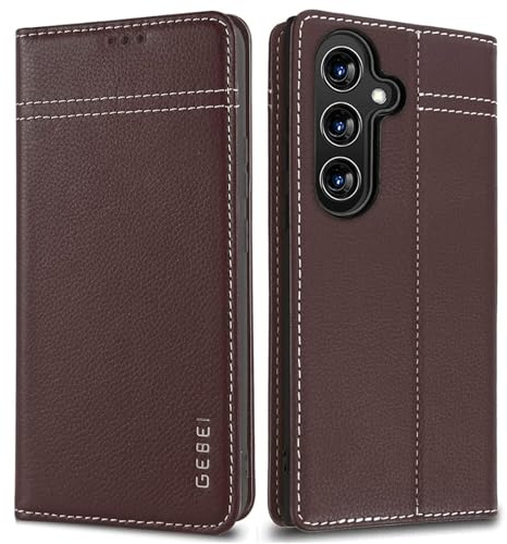 Gebei Hülle Echt Leder für Samsung Galaxy S24 5G - Premium Lederhülle mit Standfunktion Kartenfach Magnetverschluss Flip Case Ledertasche Handyhülle Schutzhülle Klapphülle – Braun