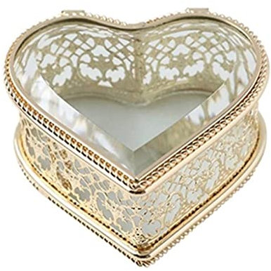 Organizador de joyas, joyero de cristal dorado, joyero de metal transparente, baratija, pequeña caja organizadora de joyas con forma de corazón y diamante. Joyeros para mujer