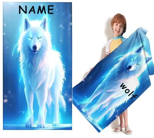 KIDSLOVE Personalisiert Wolf Strandtuch Mit Namen, Cartoon 3D Wolf Tiere Handtuch mit Namen Badetuch, Mikrofaser Strandtuch Groß 90x180cm Badetuch Handtuch für Strand (90 x 180 cm,1)