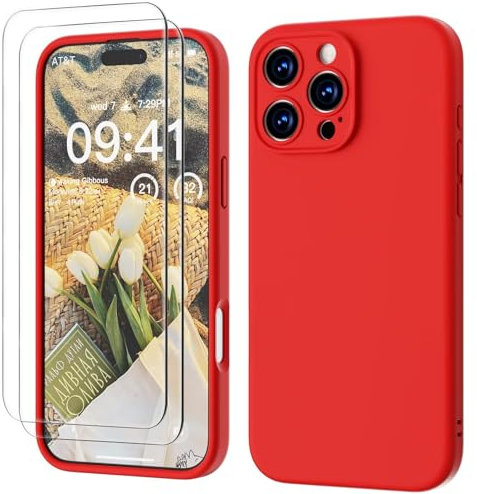 GOODVISH 3 IN 1 for iPhone 16 Pro Max Case 6.9 inch, Upgraded Camera Protection, 2 Pack HD Screen Protector, Liquid Silicone Anti-Scratch Shockproof Gel Rubber Non-Fingerprint Phone Case, Red