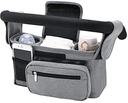 Universal Stroller Organizer with Cup Holder and Mobile Phone Pocket Organiser, Multifunctional Baby Pram Bag Stroller Accessories Stroller Caddy Organizer Pushchair Organiser (Grey)