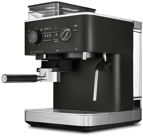 KitchenAid Machine a Café Grain - Machine à expresso semi-automatique - Machine Expresso et Cappuccino avec broyeur à café conique intégré - pot à lait 355 ml - Truffe noire