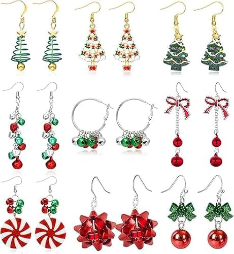 Weihnachten Ohrringe, 9 Paar Weihnachten Ohrringe Damen, Baumeln Ohrringe, Hängende Ohrringe set, Ohrringe für Damen, Weihnachtsdekorationen für Frauen und Mädchen