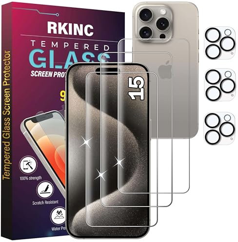 RKINC Verre Trempé pour iPhone 15 6.1-Inch avec Caméra Protecteur [Lot de 3 + 3] Film Protection écran, Dureté 9H 0,33 mm HD Glass [Garantie à vie][sans Bulles d'air][Résistant aux rayures]