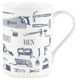 Custom Vintage Hobbies Mug - Bespoke Carpentry Gifts for Carpenters/Joiners - Blue & White Bone China Coffee/Tea Cup Present