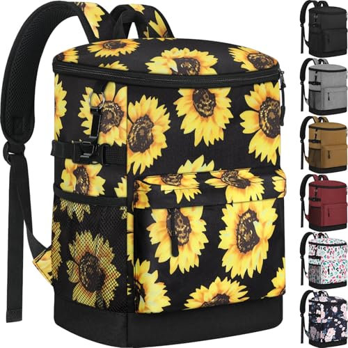 Tenot Mochila térmica para 33 latas, aislada, a prueba de fugas, suave, para playa, para hombres y mujeres, mochila de hielo; mochila para camping, senderismo, picnic, viajes, almuerzo, girasol,