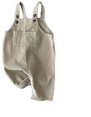 Tuta da ragazzo con cappuccio neonato ragazza velluto a coste salopette tuta in cotone con bottoni bretelle tuta tinta unita pagliaccetto allentato tuta corta, Beige, 3-6 Months