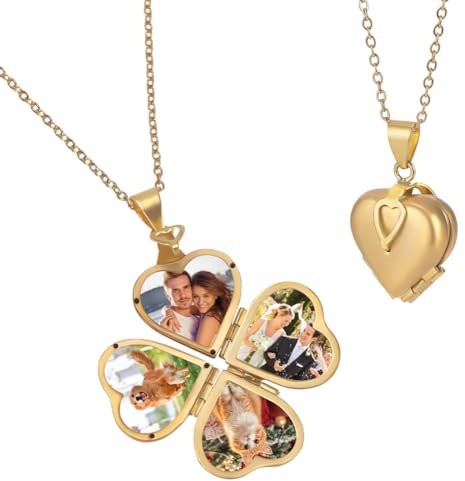 FINGERINSPIRE Collier Médaillon Coeur D'Amour Personnalisé Doré Pouvant Contenir 4 Photo Pendentif Coeur Pendentif Médaillon Photo Commémoratif Trèfle à Quatre Feuilles Vintage Breloques Photo DIY