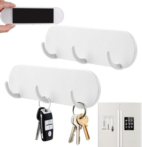2 Pièces Porte-clés Magnétique avec 3 Crochets, Tableau à Clés Magnétique, Crochets pour Clés, Tableau à Clés Sans Perçage, Support Clef Mural, pour Réfrigérateur, Cuisine et Buanderie (Blanc)