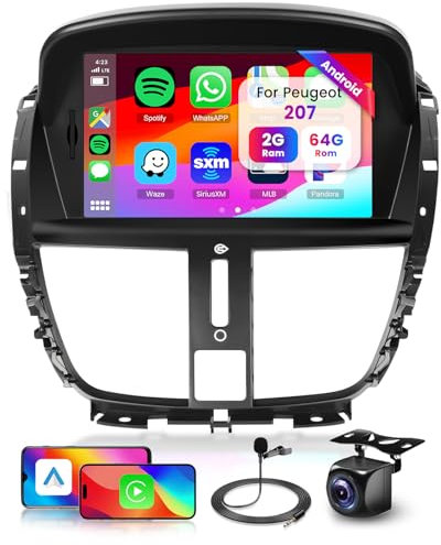 2GB+64GB Android Autoradio pour Peugeot 207 2006-2015 avec sans Fil Carplay Android Auto, Hodozzy 7 Pouces Écran Tactile Android Radio 2 Din avec GPS WiFi Bluetooth DSP FM/RDS Radio avec Caméra