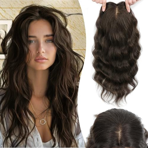 GULALUUK 45,7 cm lockiges Echthaar-Topper für dünner werdendes Haar, echte Frauen, schwerer Verlust, groß, 21,6 x 20,3 cm, gewellter Sockel, Dunkelbraun (Nr. 2)