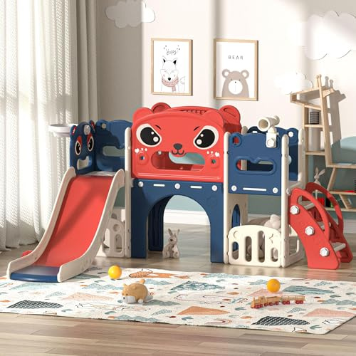 9 in 1 Toddler Slide Set Kids Climber Basketball Hoop Indoor Outdoor | 9-in-1 Playset | Slide Climb Hoop | Tunnel Telescope | 80kg Capacity | HDPE | L-Shape | Indoor Outdoor | Storage