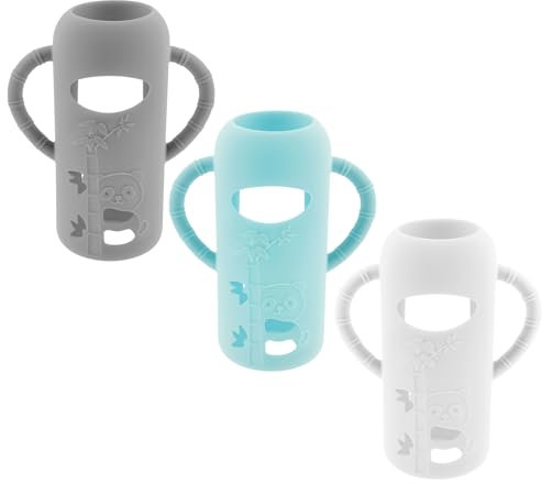 3 Pack Baby Bottle Silicone Sleeve, Anti Breakage Bottle Holder, Silicone Water Bottle Sleeve, Baby Feeding Bottle Cover Anti- Baby Bottle Sleeve with Handle 250ml (L)