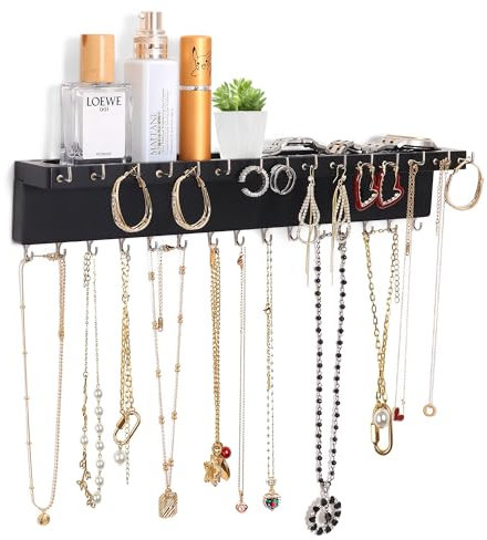 NIUBEST Organizer per collana da parete con 30 ganci, in rovere e contenitore per collane, bracciali e anelli