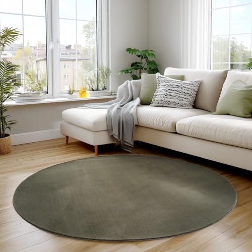 Carpettex Kurzflor Teppich Wohnzimmer 160 cm Rund Grün - Runder Teppich Waschbar, Weich, rutschfest, modern einfarbig Design - für Schlafzimmer, Küche, Esszimmer