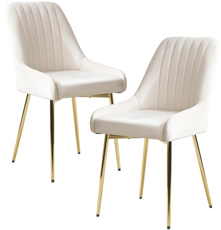 Fiximaster Esszimmerstühle 2er Set, Samt Polsterstühle mit Rückenlehne, Küchenstühle mit goldenen Beinen, Ergonomische Stühle für Esszimmer, Wohnzimmer und Schlafzimmer (Beige)
