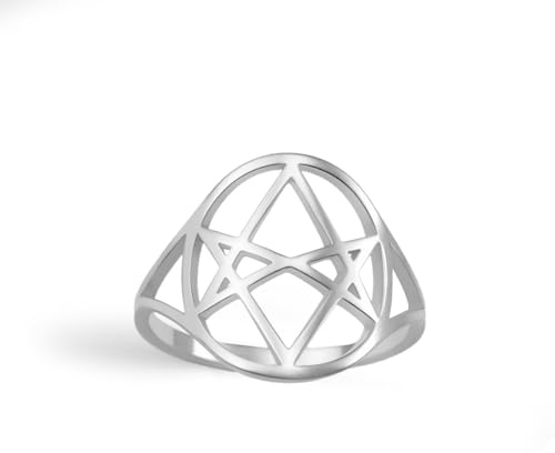 EUEAVAN Unicursal Hexagramm-Symbolring 6-zackiger Sternring Okkult Satanischer Davidstern Talisman Religiöser Schmuck Geschenk für Frauen Männer (silber, 8(0.71in))