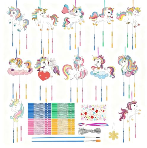 YUPZAR 12-Teiliges Windspiel-Set aus Holz mit Einhorn-Motiven, Bastelspaß für Kinder, Interaktive Geschenke für Eltern und Kinder, ideale Dekoration