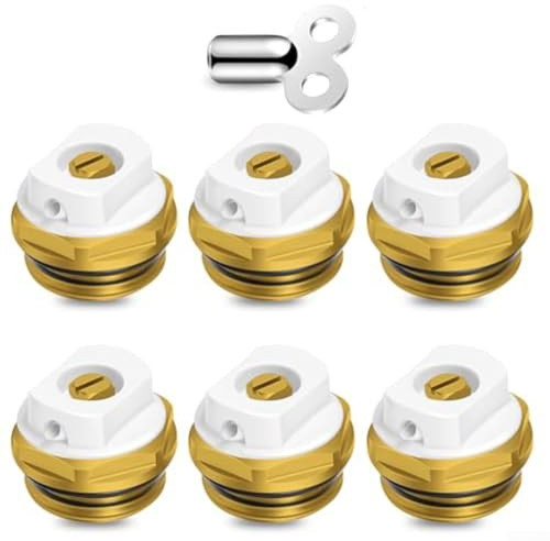 Radiator Vent Valve, 1/2-Inch Brass Drain Valve, 6 Vent Valves with 1 Key for Central Heating Bleeding and Maintenance