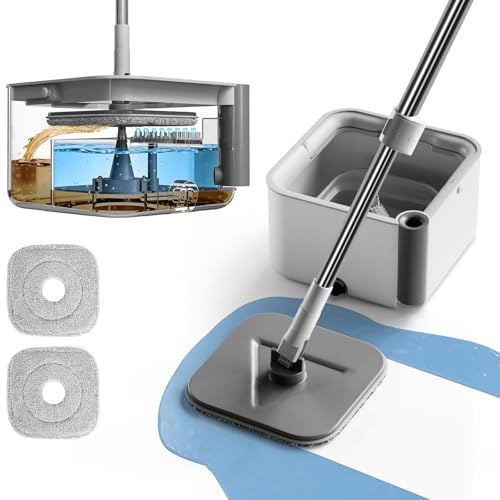 Masthome Wischmopp Set mit Eimer - Doppelkammer-System - Selbstauswringend - 360° drehbarer Moppkopf - 163cm Teleskopstiel - Bodenwischer für Hartholz Fliesen Marmor - Grau + Weiß