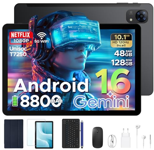 P10PRO Tablet 10 Pollici, Tablet Android 16 con Display 120Hz, 48 GB+128 GB/2TB TF, T7250 Octa-Core, 8800mAh, Widevine L1, Gemini AI, 13 MP+5 MP, Cuffie 3.5 mm, Tablet con tastiera e Penna, Nero