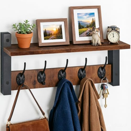 AirBanish Wandgarderobe mit Ablage, Holz Wandregal mit 5 Metall Haken | Wandmontierter Garderobenleiste mit Aufbewahrungsregal, 40 cm Garderobe für Eingang, Schlafzimmer, Wohnzimmer, Flur