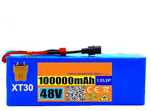48V E-Bike Pedelec Akku 100Ah 13S3P Elektro Fahrrad Batterie Mit Ladegerät Und BMS High Power Batterie Für 100W 250W 350W 500W 1000W Elektrofahrrad Scooter Motor XT30,48V 100Ah