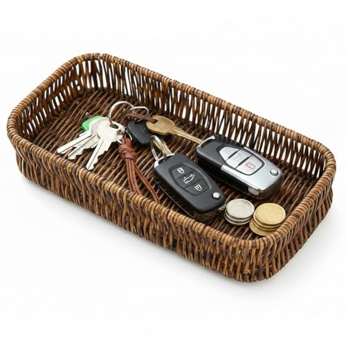 Key Bowl - Wicker Tray and Rattan Tray for Hallways - Decorative Woven Tray & Key Dish for Console Table, Perfume and Vanity Keys Bowl Organisation