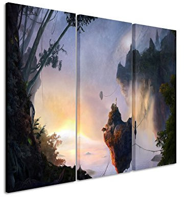 Leinwandbild 3 teilig Fantasy_Floating_Islands_3x90x40cm (Gesamt 120x90cm) _Ausführung schöner Kunstdruck auf echter Leinwand als Wandbild auf Keilrahmen