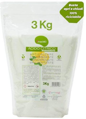 Acido Citrico per Pulizia in Polvere (3 Kg) Cura Lavastoviglie e Lavatrice, Azione Disincrostante e Anticalcare per Bagno, Cassetta WC, Ammorbidente Lavatrice, per Pulizie Naturali