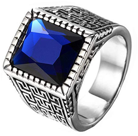 HIJONES Herren Silber Ton Graviert Edelstahl Ringe mit Juwel Stein Königlich Blau Größe 65