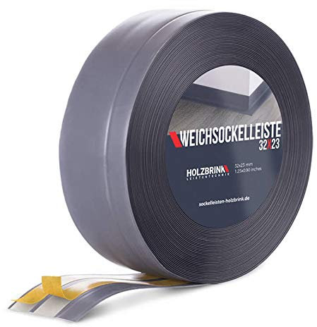 HOLZBRINK Weichsockelleiste selbstklebend PVC 32x23mm, 25 m | Küchenleiste Arbeitsplatte | Abschlussleiste selbstklebend für Badezimmer | Farbe: Dunkelgrau