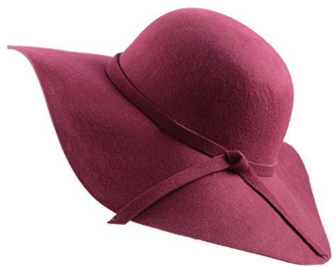 Urban GoCo Femmes Filles Chapeau de Laine en Feutre à Larges Bords Bowler Hat Fedora Elégant Capeline Floppy Cloche (Vin Rouge)