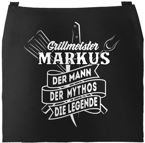 MoonWorks® Grill-Schürze für Männer mit Spruch personalisierbar Grillmeister eigener Name die Legende Grillen Geschenk Baumwoll-Schürze Küchenschürze schwarz unisize