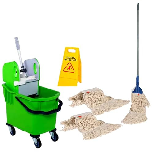 Bayersan Floor Cleaning Mopping Set 25l Bucket | Complete Mop | Mop Heads | Wet Floor Sign | Commercial | Professional Cleaner Tools (Dark Green)