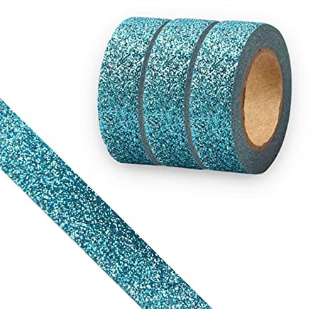 Glitzer-Washi-Tape, 3 Rollen, 15 mm, dekoratives Klebeband, selbstklebend, zum Aufkleben, Glitzer-Rand, Gold, Zubehör für DIY, Bullet Journal, Handwerk, Geschenkverpackungen, Scrapbooking (blau)