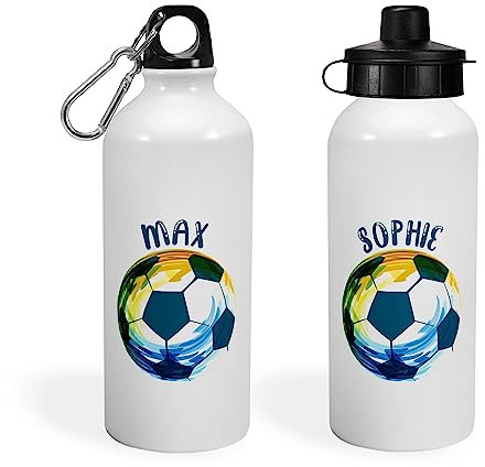 Print Maniacs Personalised Water Bottle School Sport Cap Drink White Silver 600ml or 400ml Aluminium Kid Boys Girls Biking Gift Football (White, 400ml)