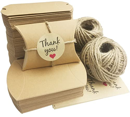 DUGYIRS 100 Piezas Cajas de Almohada de Papel Kraft 9 cm x 6 cm,Pequeña Caja de Regalo Dulce Caja de Regalo Vintage para Chocolates Azúcares Golosinas Galletas Boda Fiesta(Marrón)