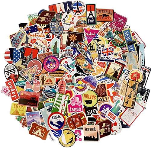 WOSHIDEFA 150 Travel Stickers,World Famous Country Regions Logo Vinyl Waterproof Sticker for Passport Suitcase Skateboard Skateboard Bicycle Luggage Decal for Adult Kids Teens