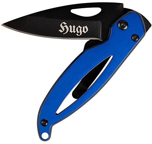 Couteau de poche en acier bleu et noir avec gravure texte – Petit couteau de poche bleu et noir personnalisé gravé - Petit couteau poche personnalisable