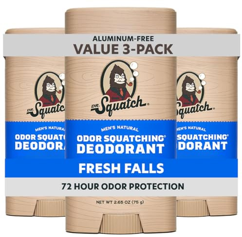 Dr. Squatch Natural Men’s Deodorant – Aluminum Free Natural Deodorant Men with Charcoal & Postbiotics for 72-Hour Odor Protection – Fresh Falls, 2.65oz Stick (3-Pack)
