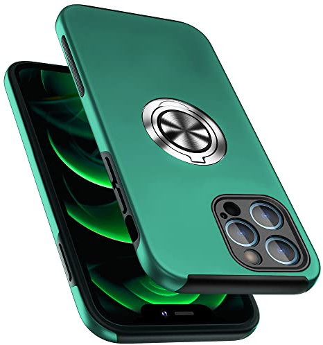 PELEPUES Case for iPhone 12 Pro Max, [Built-in Camera Cover] Military Shockproof Phone Case Cover with Embedded Metal Ring Stand Kickstand [Support Magnetic Car Holder] for iPhone 12 6.7'', Green